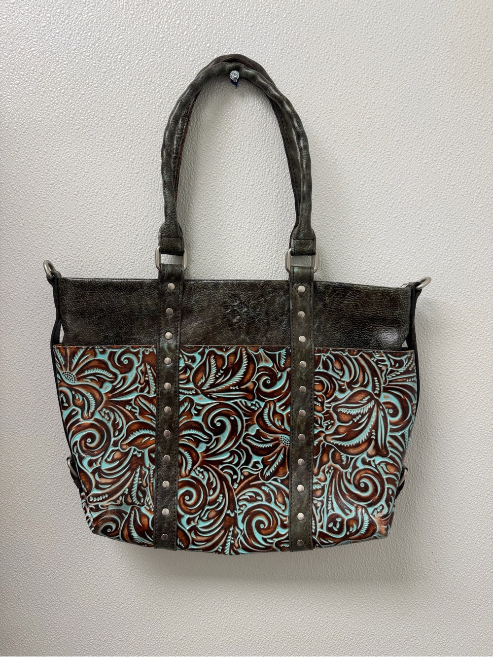 Patricia Nash Turquoise & Brown Tooled Leather Tote